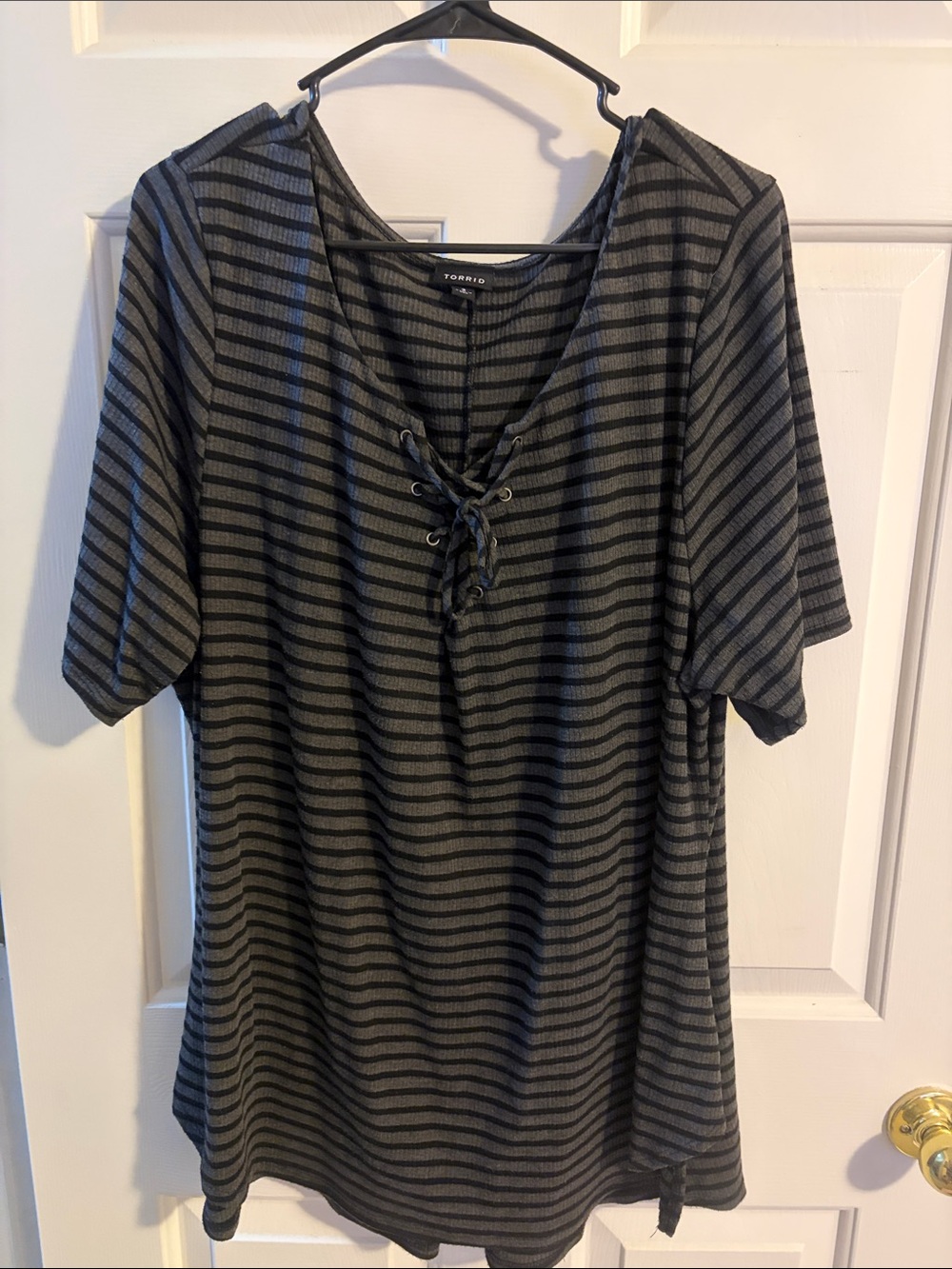 torrid Black & Gray Striped Lace-Up V-Neck Short Sleeve Top